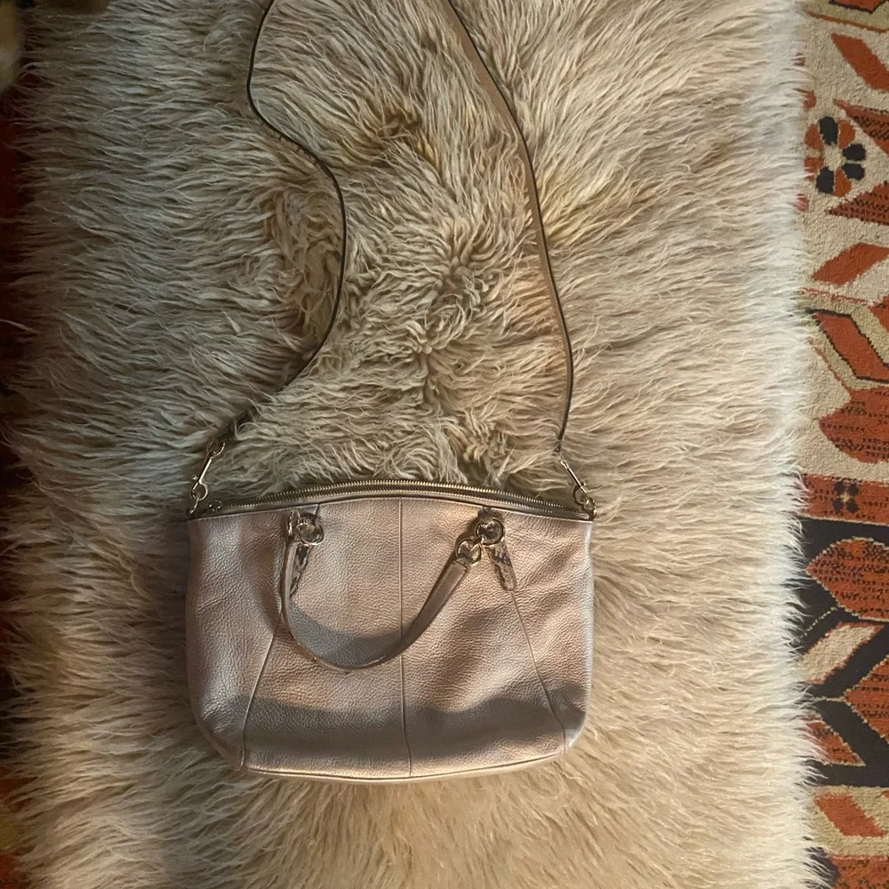 Coach Kelsey Satchel Metallic Platinum/Gold Leather Bag with Reptile Trim - Picture 6 of 14
